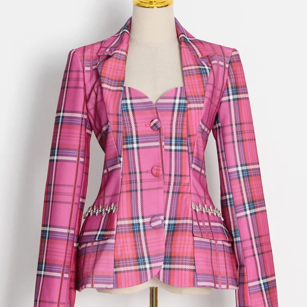 Straight Plaid Blazer Slim Cut Out Back